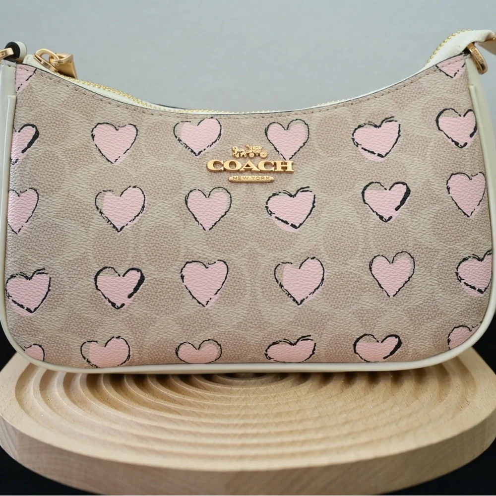 Coach Tan and Pink Heart Shoulder Bag - Picture 1 of 6